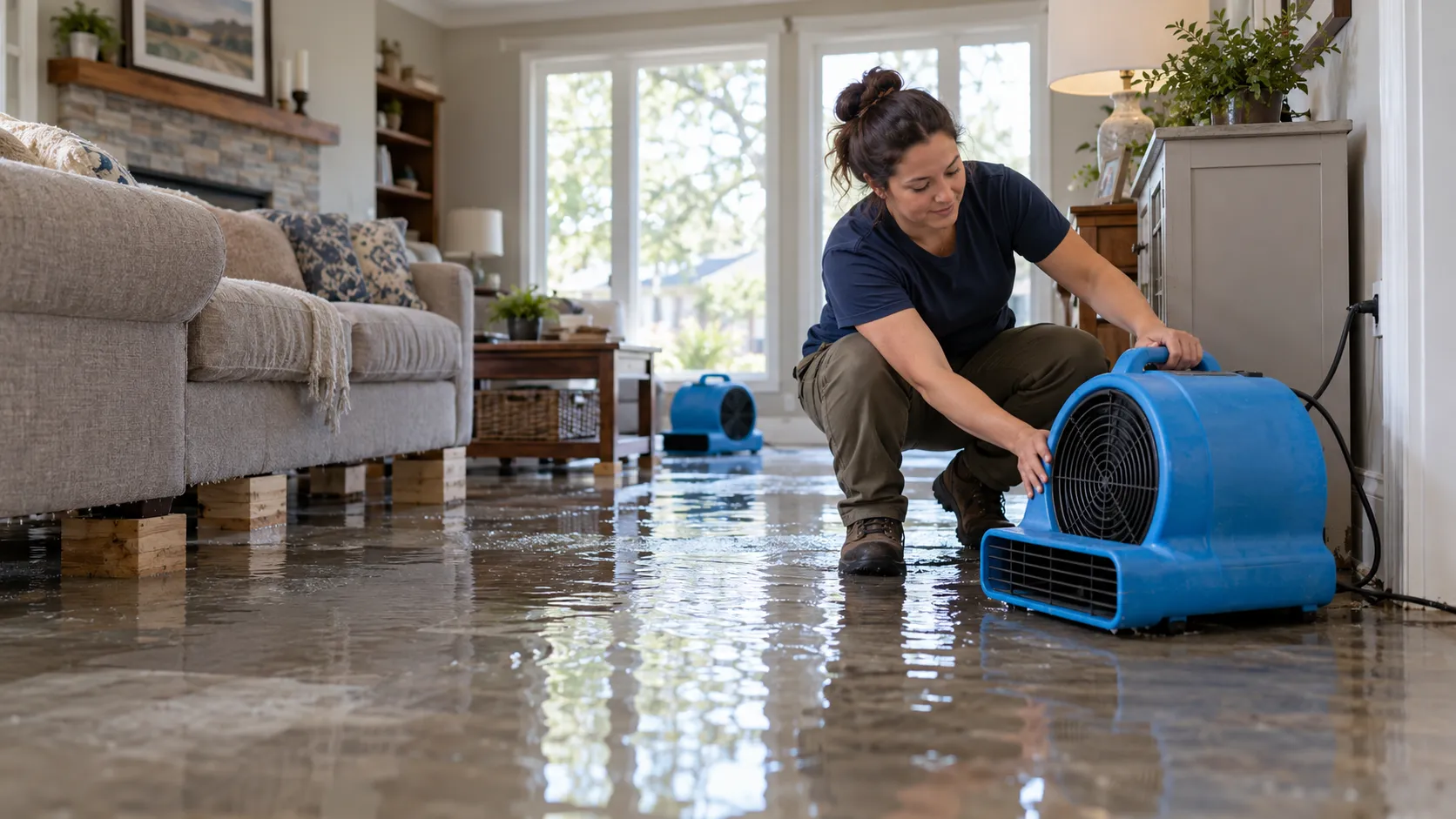 Water damage restoration technician drying a flooded living room in St. Louis